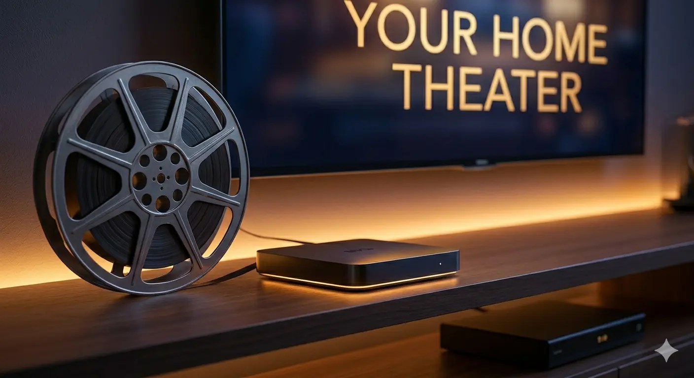Glowing IPTV set-top box on a wooden desk showing a live sports selection screen with Premier League, NFL Game Day, and Slam Finals options — with a large TV lit up blue in the background